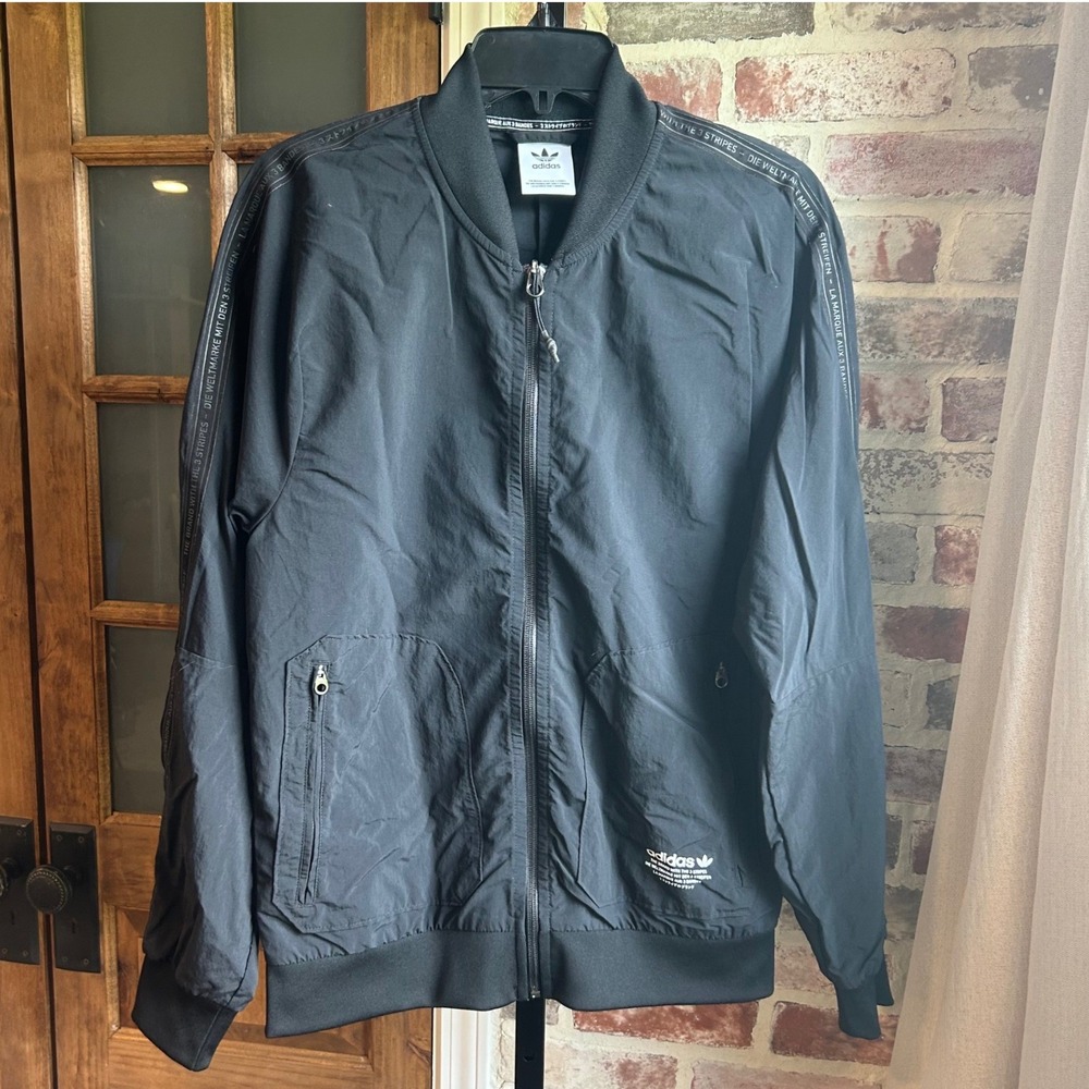 Adidas Zip-Up Jacket Mens S Black‎ Trefoil Logo Tape Sleeve Bomber Windbreaker
